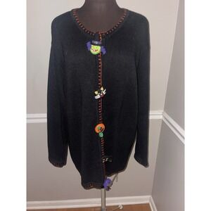 Lemon Grass Plus‎ Size Halloween Button Down Sweater Black Witch Cat Pumpkin 1X